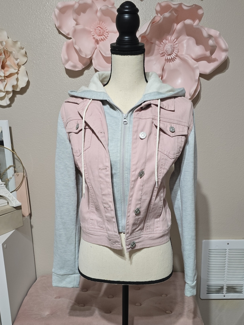 Wallflower Pink Hooded Denim Jacket with Gray Hoodie Sleeves